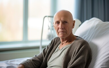 Fototapeta premium Thoughtful senior male patient in hospital bed in ward room