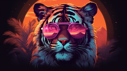 tiger with sunglasses - obrazy, fototapety, plakaty