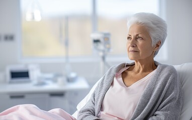 Senior sad woman wearing headscarf, suffering from bone cancer sitting alone at a hospital - obrazy, fototapety, plakaty