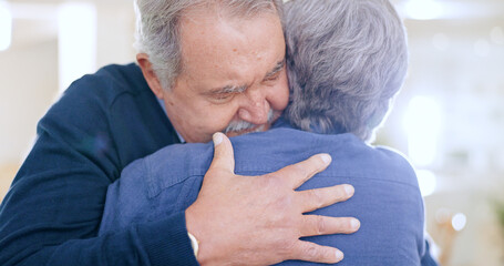 Comfort, love or old couple hug in home to relax for connection, support, bond with peace. Trust,...