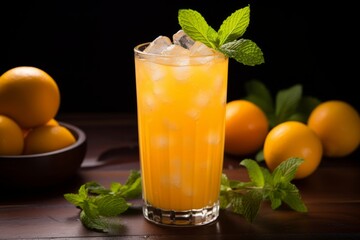 Fototapeta premium A Taste of Summer: A Vibrant Peach and Lime Cooler Adorned with Fresh Mint Leaves