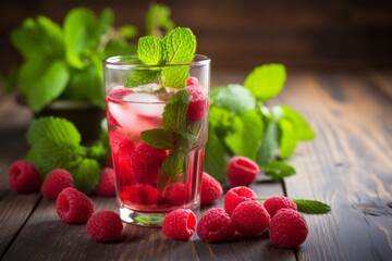 A vibrant glass of raspberry and apple mix adorned with fresh mint on an old-fashioned wooden surface