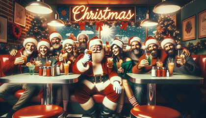 A Festive Photograph of Santa Claus Sitting at a Retro Diner with his Diverse Group of Helpers, All Joyfully Sipping on Refreshing Drinks. The Ambiance is filled with Holiday Cheer. Generative AI, 4K - obrazy, fototapety, plakaty