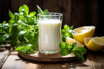 A cool glass of buttermilk amidst a rustic setting, complemented by lemons and mint leaves in the soft afternoon glow