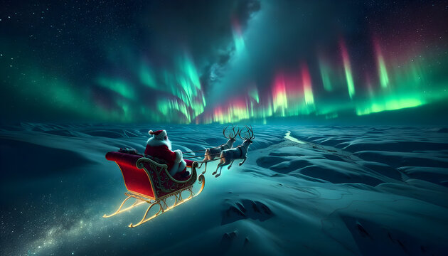 An ultra-realistic photograph capturing the raw beauty of Santa Claus soaring through the night skies of the North Pole in his sleigh, 4K Wallpaper HD