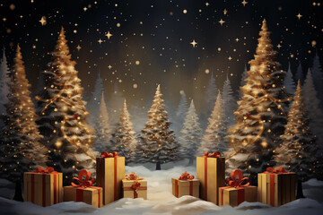 Beautiful christmas card with big christmas tree and presents in snow, night christmas background