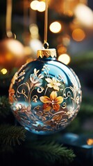 White Christmas bauble ornament showcasing a delicate red and gold floral design, hanging amidst holiday lights.
