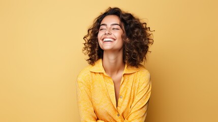 Portrait of a cheerful young woman wearing yellow shirt standing isolated over yellow background, looking at camera, posing - obrazy, fototapety, plakaty