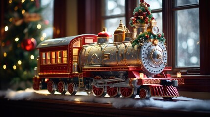 Celebratory scene with a classic toy train traveling on tracks, complemented by the warmth of a decorated Christmas tree.
