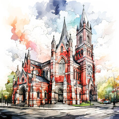 A tranquil watercolor sketch showcases a Catholic church in a scenic landscape
