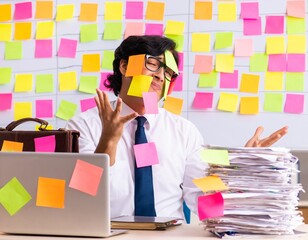 Young employee in conflicting priorities concept