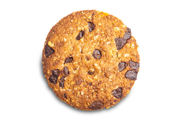 Top view single delicious homemade crunchy oatmeal biscuits with chocolate chips.