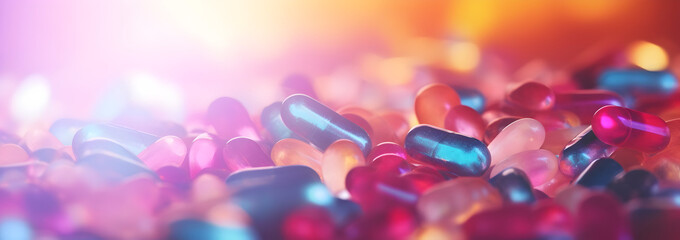 Abstract background of glowing health supplements and vitamins. Nutritional and Health defocused banner 
