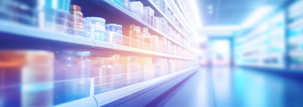 Abstract Background Of Illuminated Drugstore Shelves. Defocused And Blurred Pharmacy Store Banner 