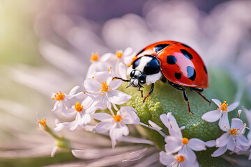 A ladybug sitting on a pink flower represents the beauty and innocence of nature.