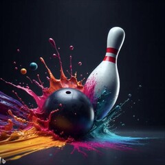 bowling ball hitting pin with splash - obrazy, fototapety, plakaty