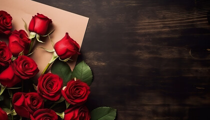 Beautiful roses and paper on wooden background. 