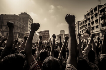 A raised fist of a protestor at a political demonstration with human rights - obrazy, fototapety, plakaty