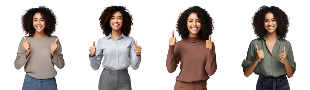 Set of Portrait of young businesswoman happy smiling and showing thumb up in approval, recommending, like and good, isolated on white background, png