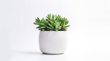 A small succulent plant in a white ceramic pot on a plain white background.minimalist and modern style. The succulent has green leaves that are pointed at the tips, giving it a geometric shape.