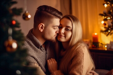 Obraz na płótnie Canvas couple in love hugging in the room near the Christmas tree