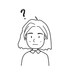 Curious girl questioning about something in her mind, hand drawn vector doodle, isolated on a white background.