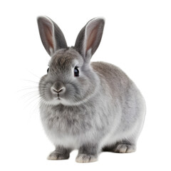 Obraz premium front view of light gray netherland dwarf rabbit with sitting position, isolated on transparent background, looking at the camera. 