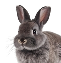 Close up shot, portrait of gray netherland dwarf rabbit isolated on transparent background, looking at the camera. 