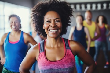 Diverse collection of people of different cultures and ages exercising in a fitness studio. Smiling women from different cultural backgrounds come to work out at the fitness studio, showing diversity.