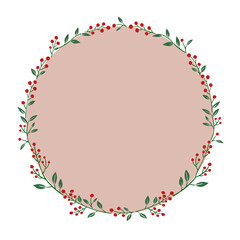 Holiday season Red berries vector illustration. Botanical circle frame and pink background design.Hand-drawn style.	