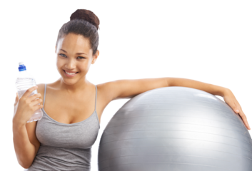 Exercise ball, pilates and portrait of happy woman relax on water break on isolated, transparent and png background. Smile, positive and female person in gym with inflatable for training or workout