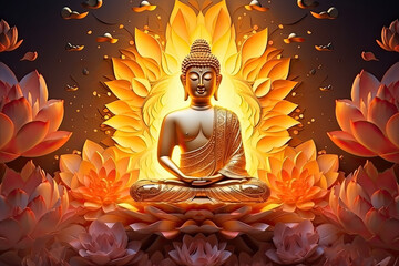 the glowing 3d buddha and flower with gold style on abstract background