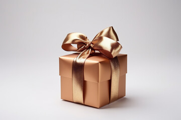 Gift box with gold ribbon on a white background, close up