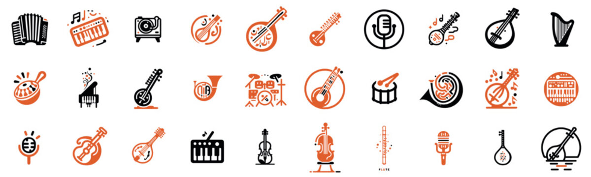 Global Sounds: Diverse Music Instrument Icons, set of instruments around the world, minimalist sober colors visuals