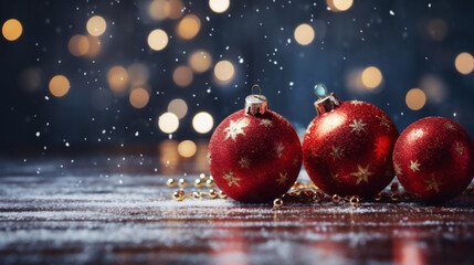 Red Christmas balls on a wooden background with bokeh and snowfall