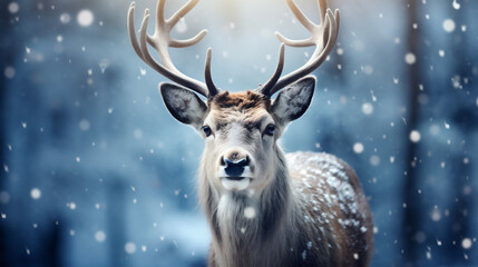 Majestic deer with christmas decoration on background. Christmas and New Year concept.