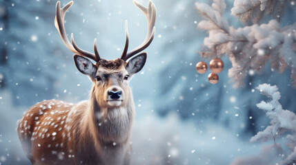 Majestic deer with christmas decoration on background. Christmas and New Year concept.