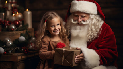 Fototapeta na wymiar Santa Claus and little girl with gift box in hands. Christmas concept.