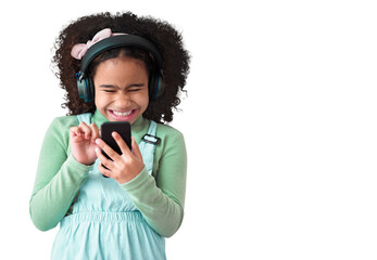 Phone, music headphones and happy child typing isolated on a transparent png background. Radio,...