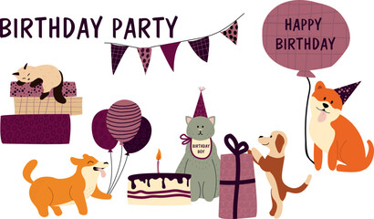 Banner for pet's birthday party. Set with different breed of dogs and cats. Hand drawn style, cite characters. Elements of birthday: gifts, garland, cake, balloons, birthday hat.