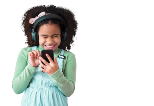 Phone, music headphones and happy child typing isolated on a transparent png background. Radio, smartphone and excited girl smile, listen to sound or audio on podcast for social media or online app