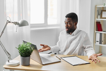 office man job education laptop student freelancer indoor african computer online american