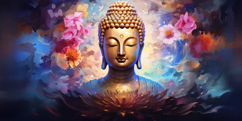 Zelfklevend Fotobehang the glowing 3d buddha and flower with gold style on abstract background © Kien