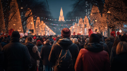 Christmas markets atmosphere with big crowd of people - obrazy, fototapety, plakaty