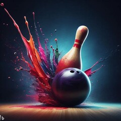 Bowling ball hitting pin with colored splash  - obrazy, fototapety, plakaty