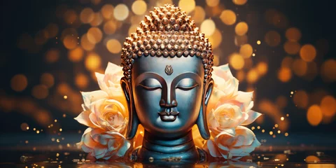 Foto op Plexiglas the glowing 3d buddha and flower with gold style on abstract background © Kien
