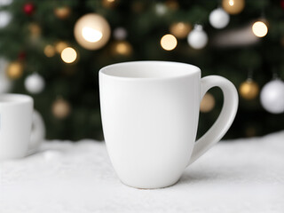 Obraz na płótnie Canvas The empty white mug mock-up with beautiful blured bokeh Christmas atmosphere background for happy holiday xmas and new year festive.