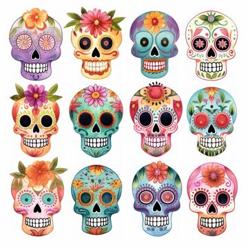 Set of Day of the Dead or Sugar Skulls,mexican skull,illustration