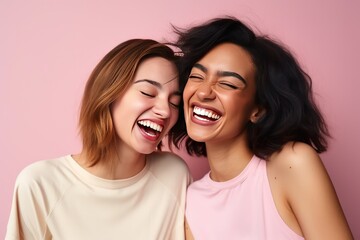 Young African American and Caucasian girlfriends laugh cheerfully while taking a photo together. Cheerful best friends laugh together posing for photo. Women of different races support each other