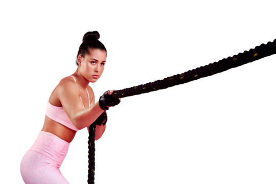Woman pull battle rope for sports, exercise and serious while isolated on a transparent png background. Strong female athlete, workout and training with weights of ropes for fitness, muscle and power - Powered by Adobe